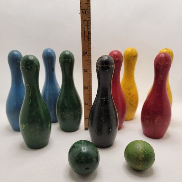 Mid-Century Wooden Toy Bowling Pin and Ball Set 1950s Rainbow - Picture 10 of 12